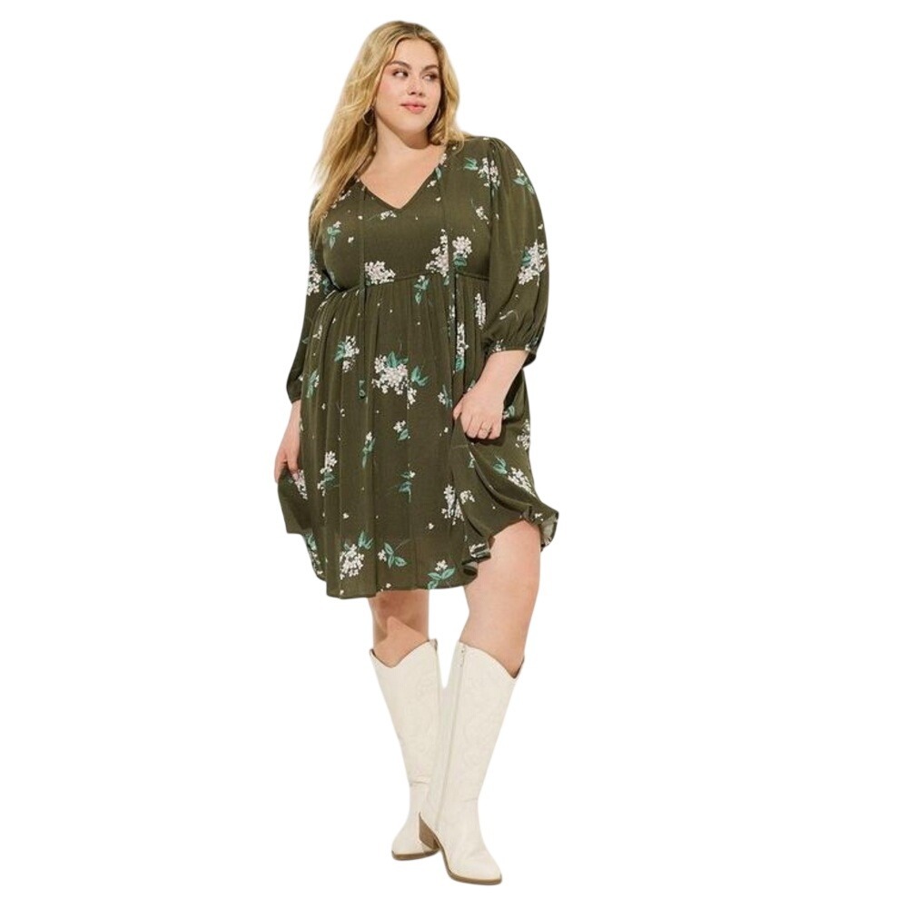 Torrid New Size 1X Green Floral Gauze Tunic Print Mini Dress Babydoll Pockets